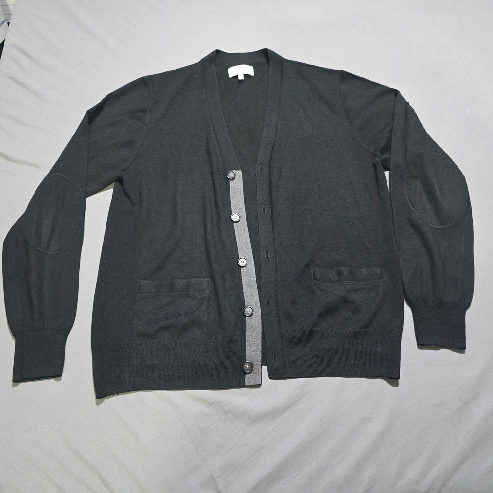 Jack Spade Cardigan sweater Mens Large Black  Wool Elbow Patch Contrast Placket